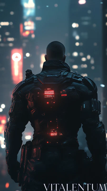 Cybernetic enforcer surveils neon megacity with tactical optics.
