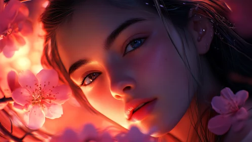 Soft spring glow around a dreamy face and cherry blossoms.