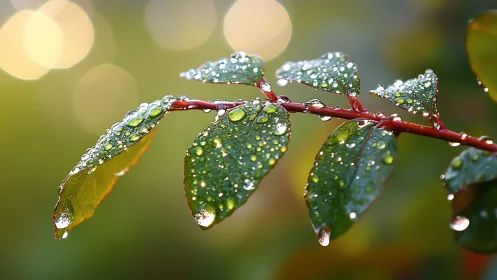Water droplets cover green leaves along a thin red stem.
