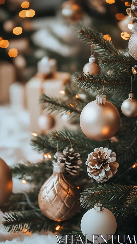 Golden and white ornaments glow on a cozy Christmas tree.