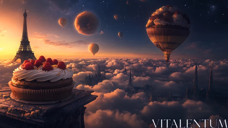 Atmospheric Parisian pastryscape with levitating dessert flotilla.
