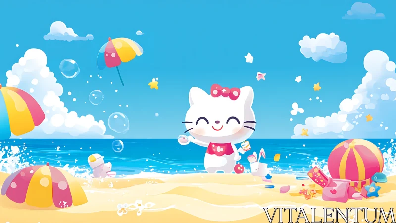 Kawaii white cat enjoying playful bubble day at seaside beach.