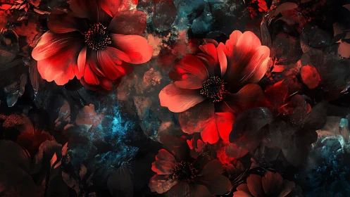 High-contrast digital rendering of crimson cosmos flowers with teal atmospheric scattering effects