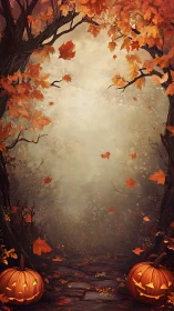 Autumn forest path with carved jack o lantern pumpkins at dusk