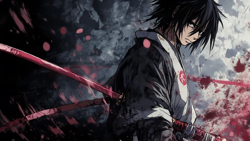 Samurai figure with dual swords in bloodstained garment.