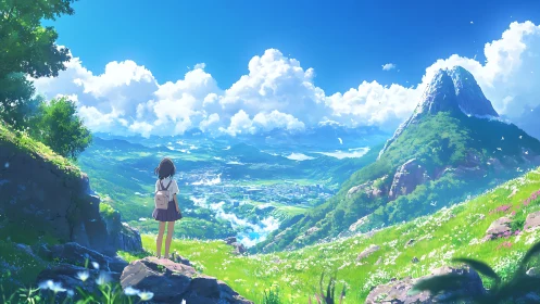 Skirted wanderer weighs city dreams beneath cloud-bright peaks