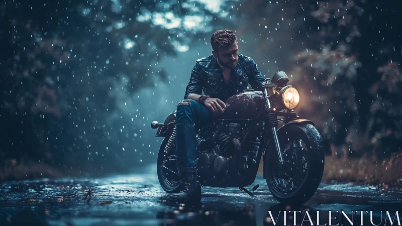 Quiet roadside pause with a lone rider in gentle rain.