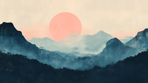 Soft pastel sun rises over layered misty blue mountains.