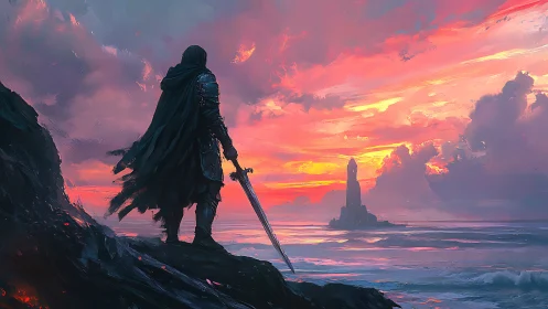 Cloaked figure with sword surveys offshore tower at dusk