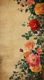 Vintage roses bloom along textured parchment background