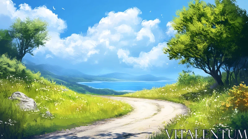 Sunlit country path curls lazily toward a whispering bay