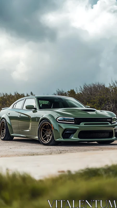 Green widebody muscle sedan sits on roadside under storm clouds