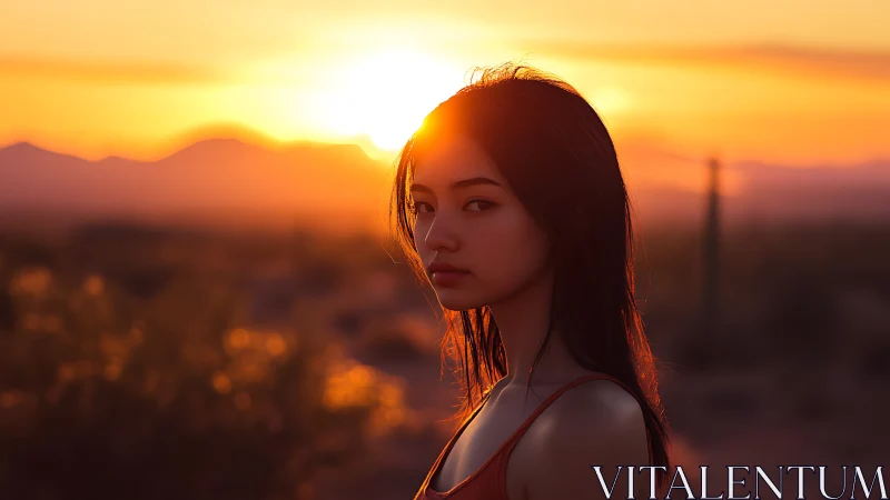 Woman stands in sunset desert landscape with warm backlight