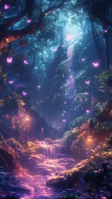 Enchanted waterfall stairway under luminous butterfly sky.