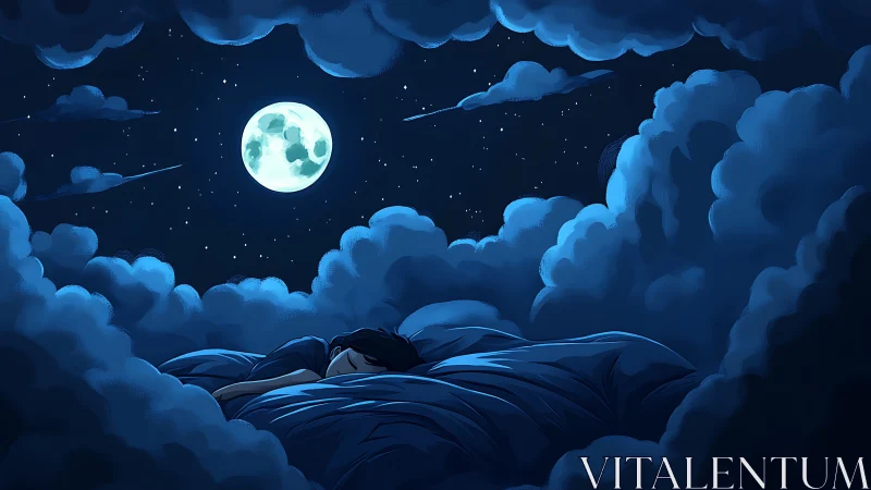 Moonlit sleeper cradled by deep blue nocturnal clouds.