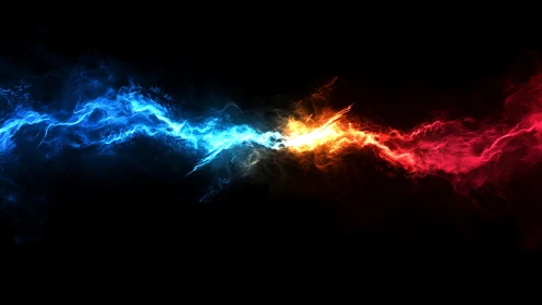 Blue and red energy streams collide in abstract digital art.