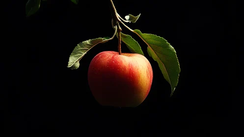 Red apple on branch isolated by dramatic low key lighting.