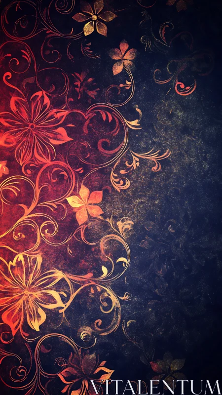 Ornamental floral design with crimson scrollwork on dark textured background