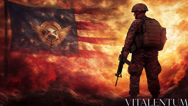 Soldier with rifle standing before stylized war flag.