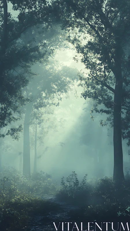 Misty Forest Path with Tall Trees and Diffuse Canopy Light