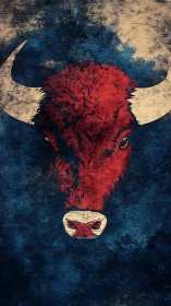 Crimson bull emblem on distressed indigo grunge field.