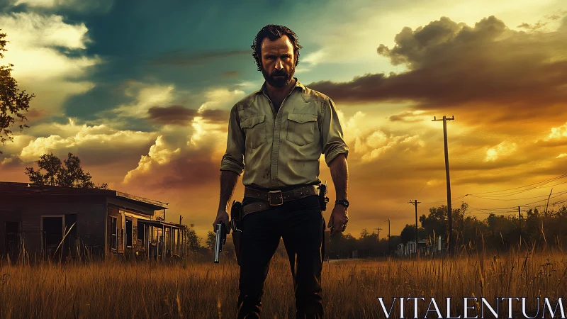 Lone small-town guardian under a storm-bright country sky.