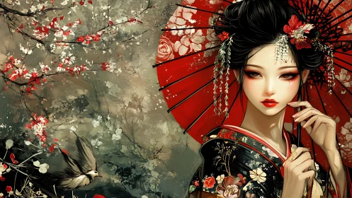 Geisha figure with red parasol and floral background in profile.