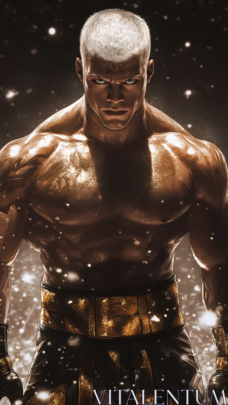 Bronze-skinned warrior stands under falling embers at night