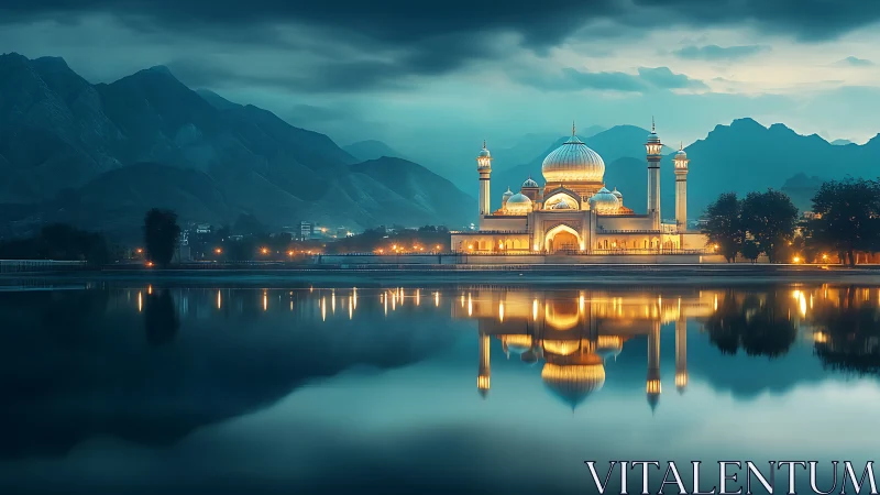 Moonlit domes hum quietly above a lake of doubled dreams