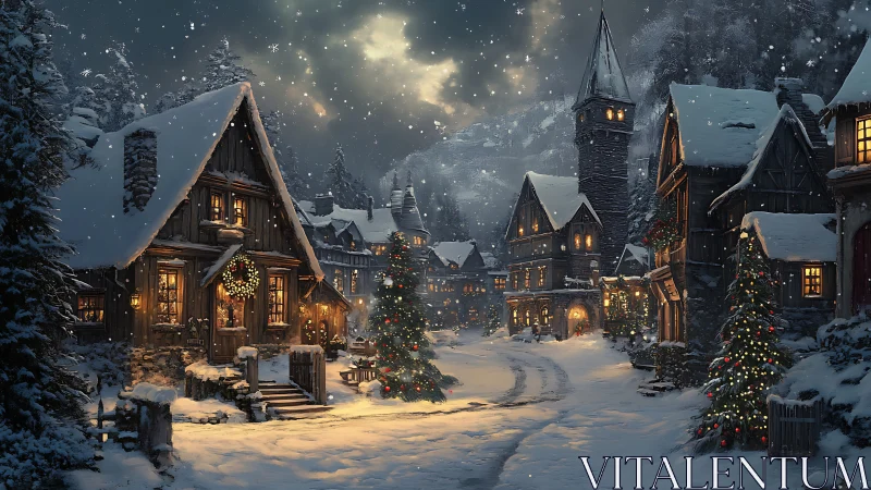 Snow covered village street shows illuminated Christmas decorations