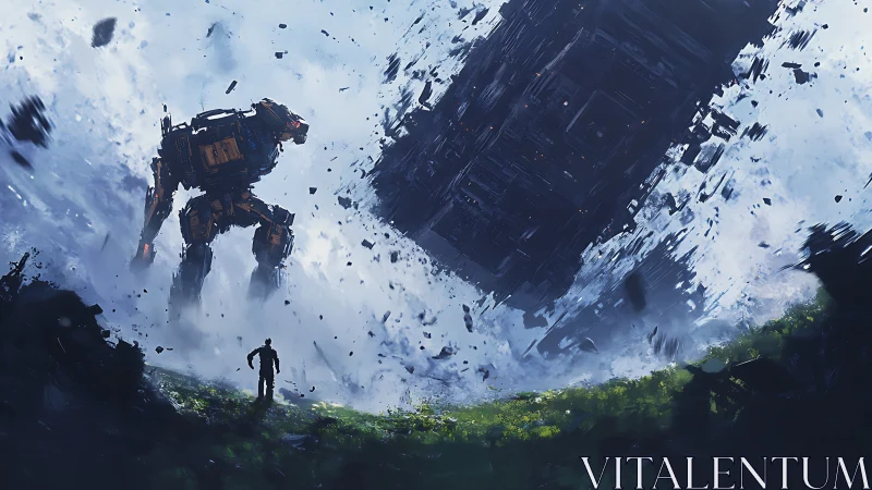 Gigantic combat mech faces falling monolith in storm