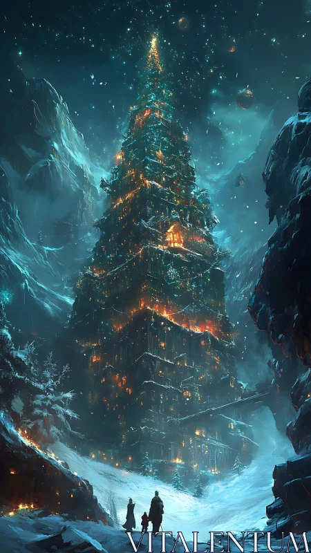 Towering winter tree city blazing with warm festive light.