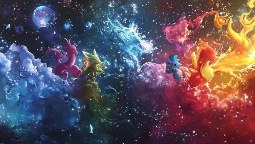 Cosmic elemental creatures swirl through radiant starlit clouds