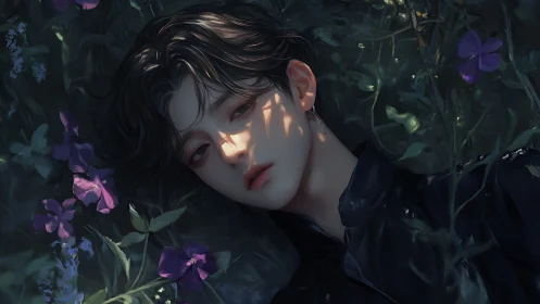 Melancholic youth in dappled light amid violet forest blooms.
