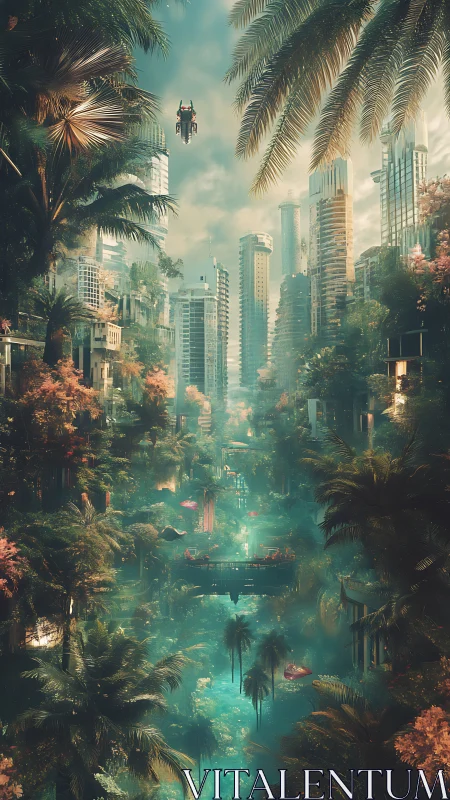 Futuristic eco-metropolis rendered as mist-laden jungle canyon