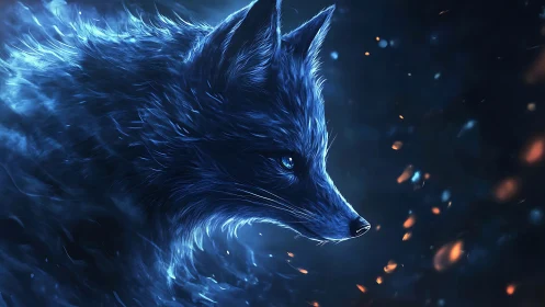 Luminous blue fox spirit in swirling cosmic embers.