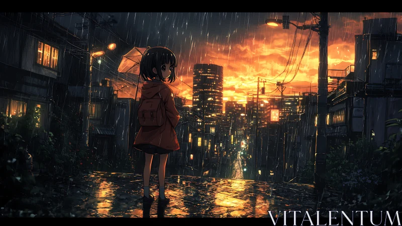 Girl on wet hill overlooking rainy city at sunset.