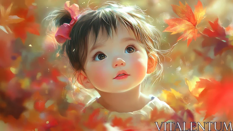 Young child gazes upward amid vibrant autumn foliage