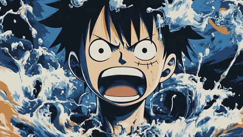 Stormy anime hero shouts with wild energy and rolling waves