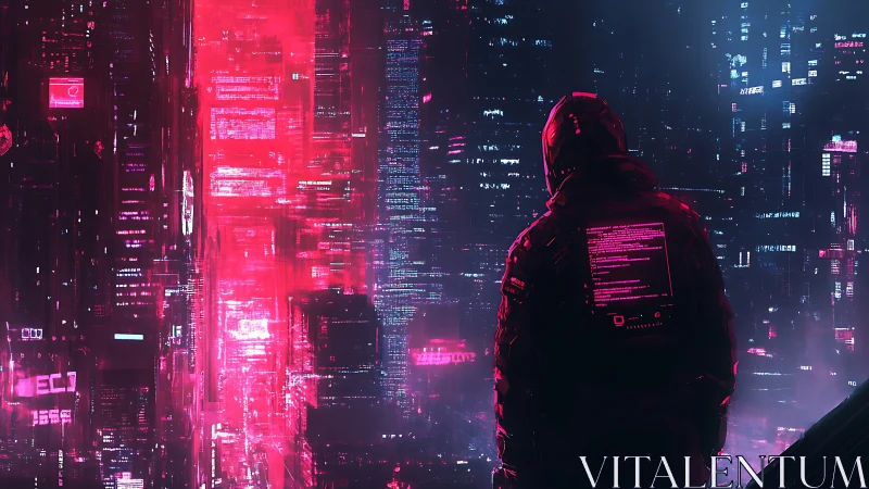 Solitary hacker surveys neon cyberpunk skyline at midnight