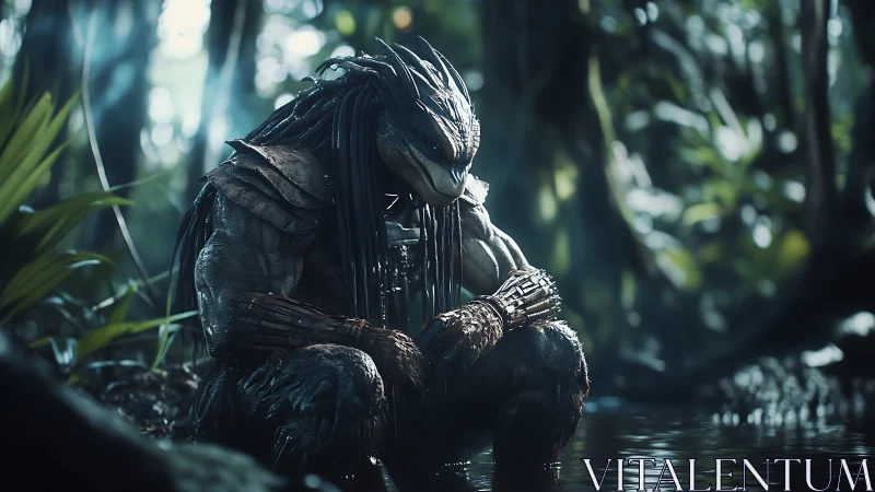 Bioluminescent jungle hunter resting beside reflective stream