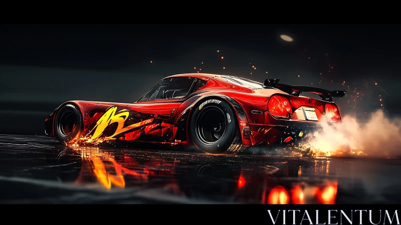 Red drift race car burns rubber and throws glowing sparks