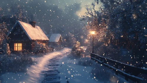 Snow-laden cabin path under warm lamplight and diffuse twilight glow
