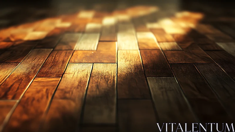 Photorealistic warm hardwood planks with cinematic depth of field.