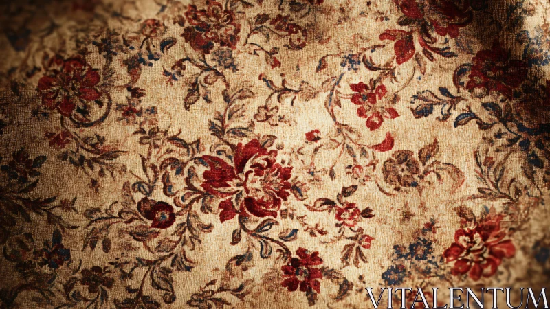 Floral textile surface shows worn, densely patterned fabric