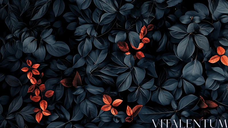 Dark foliage background with scattered orange leaves pattern.