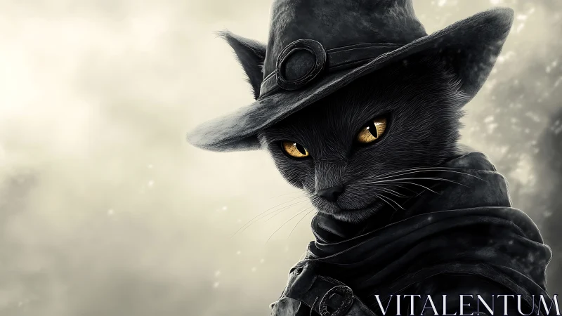 Black cat ranger in wide-brim hat with golden eyes.