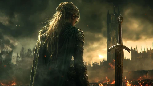 Lone armored figure before burning ruined citadel.