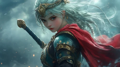 Silver haired warrior princess in ornate teal armor poised.