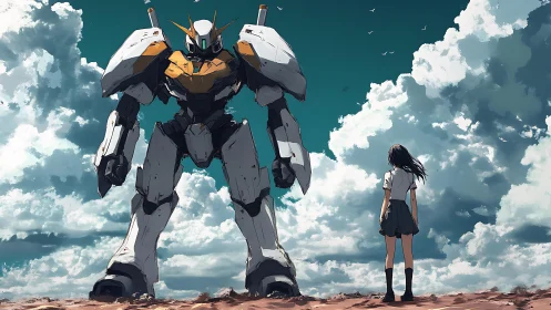 Colossal combat mecha confronting lone schoolgirl under clouds.
